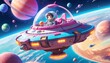 A young pilot joyfully navigates a colorful spacecraft in orbit, surrounded by a vast array of planets and moons in a lively cosmic setting.