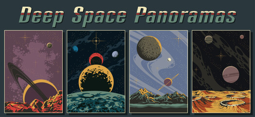 Wall Mural - deep space panoramas illustration set. vector space posters template set, planets, moons, asteroids,