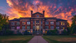 A historic school building at sunset the golden hour casting a warm glow on its façade.