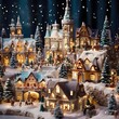 Christmas and New Year miniature village with houses, trees and snowflakes