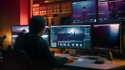 Canvas Print - A man sits at a desk with multiple computer monitors in front of him, The editor is editing the video at the computer, AI Generated