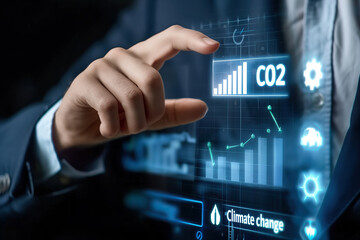 Climate change to limit global warming and sustainable development and green business. Businessman touching carbon reduction icon on virtual screen