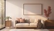 Maqueta de interior con cuadro en blanco sobre pared beige con sofá, muebles y plantas. Luz natural a través de la ventana.