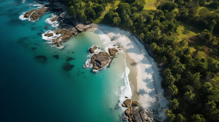 Sticker - A bird’s-eye perspective of Red Frog Beach, where the dense jungle meets the turquoise sea. The wild coastline is dotted with palm trees, and the vibrant greenery contrasts beautifully with the pristi