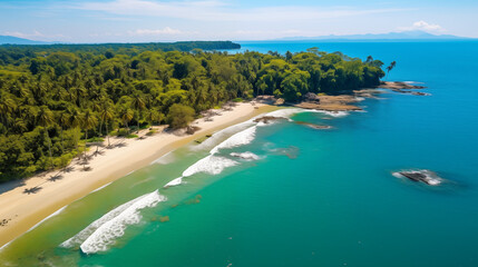 Poster - beach and sea, A bird’s-eye perspective of Red Frog Beach, where the dense jungle meets the turquoise sea. The wild coastline is dotted with palm trees, and the vibrant greenery contrasts beautifully 