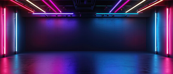 Wall Mural - Futuristic neon stage with led light, abstract underground garage background. Theme of corridor, dark room, modern hall, interior, technology.
