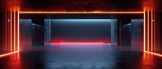 Wall Mural - Futuristic neon stage with red led light, abstract underground garage background. Theme of corridor, warehouse, dark room, modern hall, interior