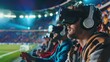 Fans watching a football match with virtual reality glasses in a stadium in the stands in high resolution and high quality. virtual reality concept, group, fans, football, people, stadium, vr
