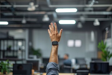 Poster - hand in the air presses, in a gray office
