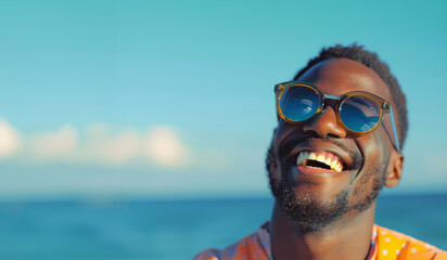 man with a beard and glasses is smiling and wearing sunglasses, he is standing on a beach and looking out at the ocean. Portrait of a happy laughing black man on beach with sunglasses smiling laughing