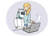 Female employee and robotic assistant work together on computer. Robot tester search program bugs and mistakes in software on laptop. QA concept. Vector illustration.