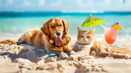 funny dog and cat enjoying cocktails on the beach, radiating joy and relaxation, pet lifestyle, 