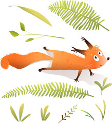 Wall Mural - Cute funny squirrel, playful animal character for children. Illustrated running or climbing little squirrel character for kids. Isolated vector animal clipart for children in watercolor style.