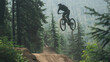 A mountain biker jumping off a ramp in a bike park.