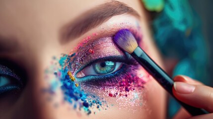 Close-up portrait of a beautiful girl with bright make-up and brush. Makeup concept 