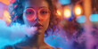young vaper smoker girl exhaling vaping vapor with neon light close-up