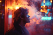 man smoker exhaling cigarette smoke in smoky atmosphere with neon lights on night street