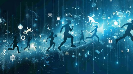 Silhouette of a man walking in digital cyberspace.
Concept: eSports and digital technologies in sports, social media and network communication. Copy space banner