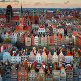 Fototapeta Morze - Aerial view of the beautiful Gdansk city at sunset, Poland.