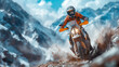 Against the backdrop of a rugged mountain range, a biker navigates a treacherous off-road trail, their motorcycle kicking up clouds of dust as they conquer each rocky obstacle with