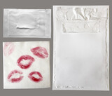 Fototapeta Mapy - Red lipstick kiss print and torn paper pieces set. Different shapes of female sexy lips and paper fragments collection. Sexy lips makeup, kiss mouth. Female mouth.
