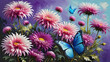 blue tropical butterflies on chrysanthemum flowers painted with oil paints