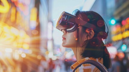 Wall Mural - Woman Wearing Virtual Glasses Interacting With Content