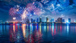 A spectacular 4th of July fireworks show over a city skyline reflecting on the water.