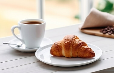 one glass mug of black coffee and croissant on white plate on wh