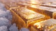  Close-up of 3D-rendered investment gold bars in a frosty freezer environment