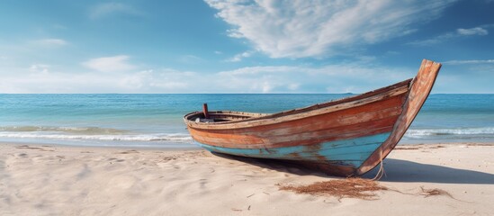 Wall Mural - A watercraft is parked on the sandy beach by the vast ocean under a cloudy sky, showcasing the beauty of travel and art by the liquid expanse