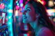 close-up of a beautiful woman at a casino, her face glowing with excitement as she watches the spinning reels of a slot machine.