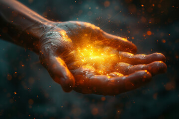 Aufkleber - Hand reaching out from the darkness towards a guiding light. Concept of seeking assistance. Generative Ai.