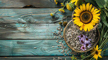 
Organic Sunflower Seeds And Vibrant Sunflowers Are Arranged On A Rustic Wooden Table, Creating A Charming And Natural Display.