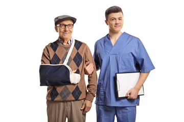 Wall Mural - Health care worker and an elderly patient with a broken arm