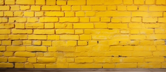 Poster - A close up of a brown brick wall showcasing an amber woodlike pattern with shades of yellow. The rectangular brickwork creates a unique flooring design