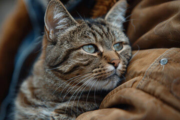 Canvas Print - A curious cat lounging in its owner's lap, purring softly as they stroke its fur. Concept of relaxation and companionship. Generative Ai.