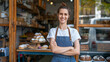 portrait of a woman running a business bakery, food, woman, restaurant, cafe, people, store, business, shop, smiling, retail, bakery, coffee, customer, supermarket, cafeteria, shopping, worker, workin