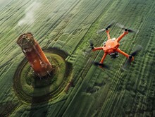 A Drone Is Flying Over A Field With A Large Red Tower In The Background. The Drone Is Orange And Has Four Propellers. The Field Is Lush And Green, And The Tower Appears To Be Abandoned