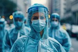 Fototapeta Uliczki - A group of dedicated medical workers are seen in protective gear, ready to combat health crises and provide care to those in need.  