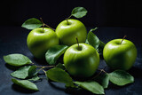 Fototapeta Mapy - Green apple ai generated. Apples with leaves on dark background. Green apple composition with leaves. Black background. Generative AI.