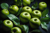 Fototapeta Mapy - Green apple ai generated. Apples with leaves on dark background. Green apple top view background with leaves. Generative AI.