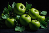 Fototapeta Mapy - Green apple ai generated. Apples with leaves on dark background. Green apple composition with leaves. Black background. Generative AI.