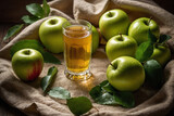 Fototapeta Mapy - Green apple ai generated. Fresh apple juice with apples. Green apple with leaves. Generative AI.