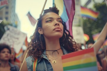 A woman stands confidently in a crowd, holding a vibrant rainbow flag high above her head. The crowd around her is supportive and engaged in activism for LGBTQ rights