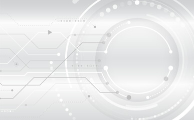 Science concept, circles with shadows and circuit board. Abstract hi tech communication for presentation or banner. Sci-fi gray background with various technology elements.