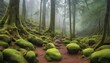 Misty Forest With Towering Trees And Moss Covered