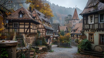 Wall Mural - palatinate old historical village,Half-timbered houses, cobblestones, mountains, forest, 16:9