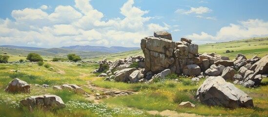 Sticker - A natural landscape painting featuring a rocky terrain with mountains in the background, along with a cloudy sky, trees, and grassland