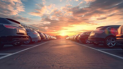 a row of modern cars displayed for sale on a car lot, set against a stunning sky background bathed in sunlight, presented in a photo-realistic, high-resolution style devoid of brand logos.